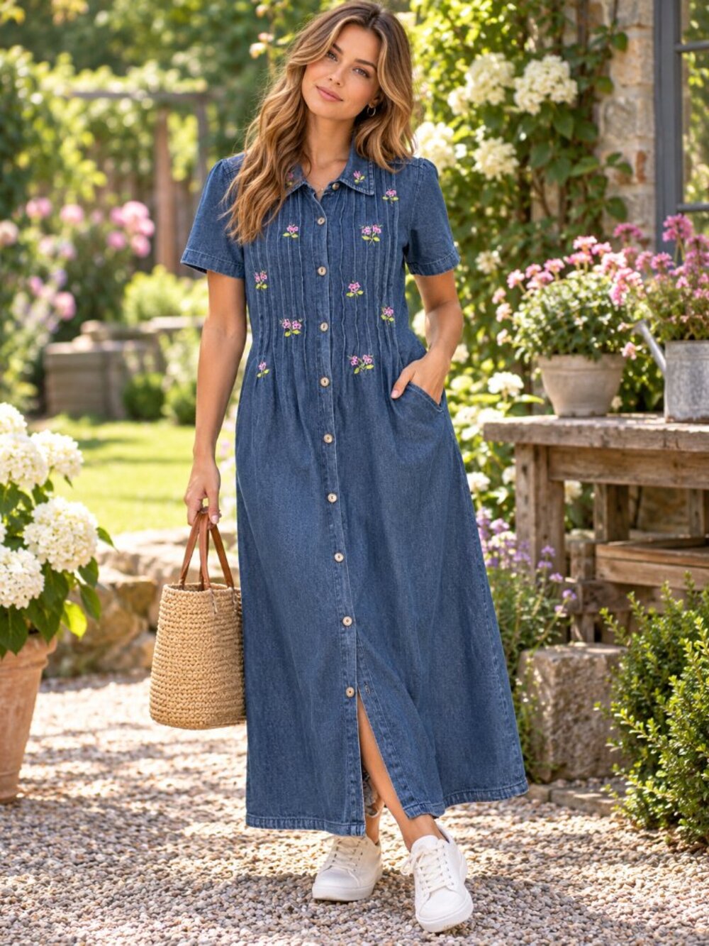 Vintage L.A. Cera Denim Dress Size M – Floral Embroidery 100% Cotton